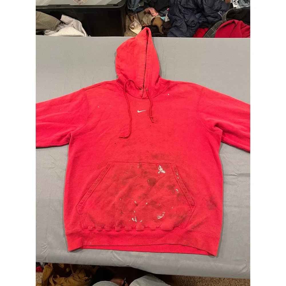 Vintage Nike Center Swoosh Hoodie Red Distressed Paint Splatter Mens Medium Y2K